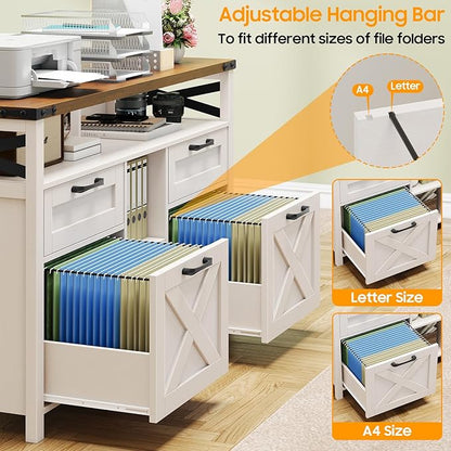 Filing Organization Storage Cabinets 4 Drawer with Adjustable Shelf, Lateral Filing Cabinet with Open Storage Shelf for Home Office, Farmhouse File Cabinets for Hanging Files Letter/A4.White