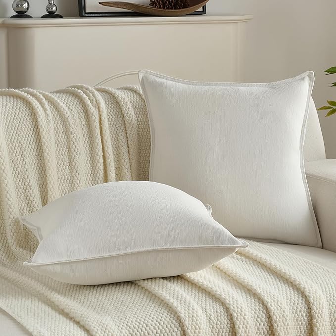 FUTEI Cream White Chenille Throw Pillow Covers 12x20 Inch Set of 2,Edges Double-Stitched Lumbar Pillow Cases,Modern Home Decor for Couch Living Room