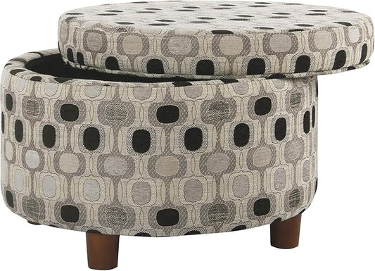 Homepop Home Decor | Upholstered Round Storage Ottoman | Ottoman with Storage for Living Room & Bedroom (Black Geo) Large