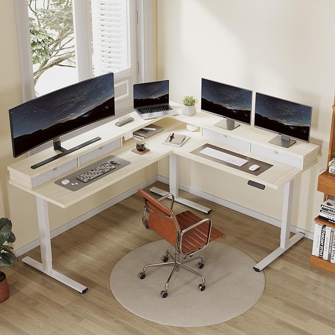 FLEXISPOT 71" L Shaped Standing Desk Electric Corner Table with Shelf, 4 Storage Drawers, Adjustable Computer Workstation for Home, Office, Game, Studio, USB Charger, Light Maple Top + White Frame