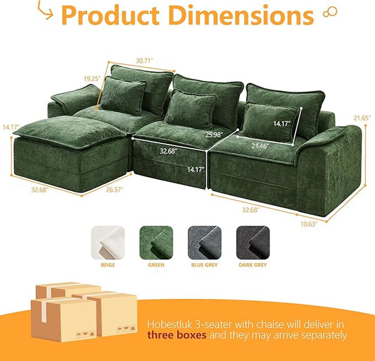 Hobestluk 120" Cloud Modular Sectional Couch 3-Seater Sofa with Ottoman L Shaped Sofa with Removable Cover Large Sofa Couch for Living Room (Green, 3-Seater Sofa with One Ottoman)