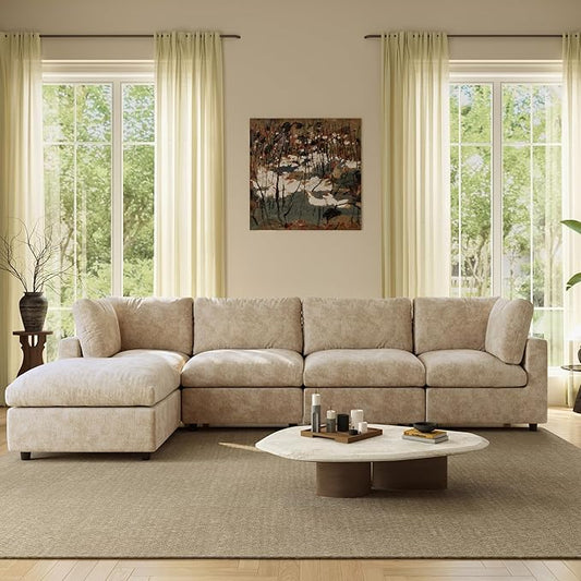 WJShome L Shaped Sectional Couch 134 Inch 4-Seater Modern Modular Sofa with Ottoman,Chenille Deep Seat Couches for Living Room, Bedroom and Apartment，Khaki