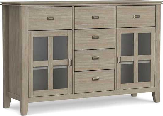 SIMPLIHOME Artisan Buffet - 54 inch Wide Solid Wood 3-Door Sideboard Buffet in Distressed Grey, Transitional Storage Cabinet for Dining Room or Kitchen with Adjustable Shelves and Bronze Hardware