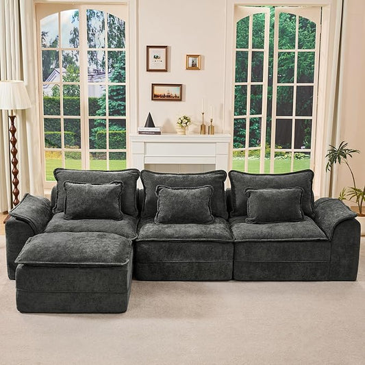 Hobestluk 120" Cloud Modular Sectional Couch 3-Seater Sofa with Ottoman L Shaped Sofa with Removable Cover Large Sofa Couch for Living Room (Dark Grey, 3-Seater Sofa with One Ottoman)