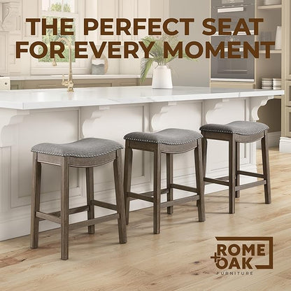 ROME + OAK Set of 3 Parker 26 Inch Counter Stool, Backless Saddle Kitchen Barstool in Walnut Finish with Grey Fabric Upholstery Cushion Seat