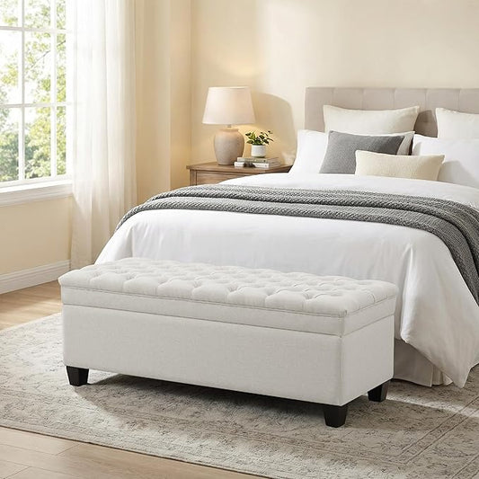 50" Storage Ottoman Bench, Rectangular End of Bed Storage Bench, Upholstered Large Fabric Tufted Ottoman with Storage for Living Room, Bedroom, Entryway,Wihte