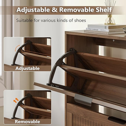 Shoe Cabinet for Entryway with 3 Flip Drawers, Slim Wooden Shoe Storage Organizer with Modern Fluted Pannel，Freestanding Narrow Hidden Shoe Rack for Hallway, Foyer, Living Room