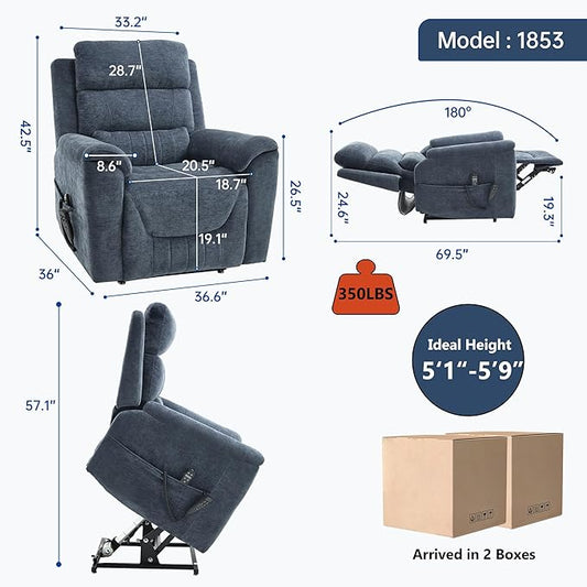 Power Lift Recliner Chair for Elderly People, Dual Motor Lay Flat Recliner with Vibration Massage and Heat, Heavy Duty Motion Mechanism Standing Assistance Reclining Chair, Chenille Fabric Blue