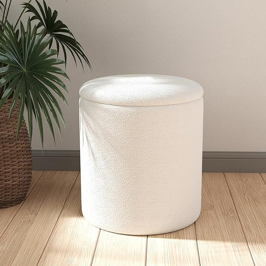 Ottoman Poufs with Storage,Soft Upholstered Vanity Stool,Multifunctional Ottomans Coffee Table Padded Seat Foot Rest for Living (White M)