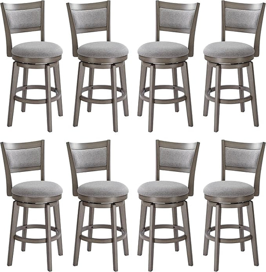 PrimeZone Swivel Bar Stools Set of 8, 26 Inch Counter Height Barstools, High Back Bar Stool with Solid Wood Legs & Wrap-Around Footrest, Counter Stools for Kitchen Island, Pub, Grey