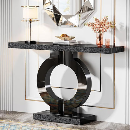 Tribesigns Modern Mirrored Console Table, Glass Sofa Table with Mirror Finish, 43-Inch Entryway Table with O-Shaped Base, Rectangular Accent Foyer Table for Living Room Hallway Entrance (Black)