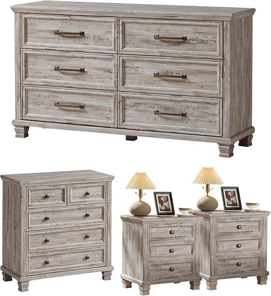 Farmhouse Bedroom Dresser and Nightstand Set of 4, 6 Drawer Low & 5 Drawers Dresser & 3 Drawer Nightstand Set with Wooden Legs, Rustic Wood Bedroom Furniture for Livingroom, Hallway, Grey