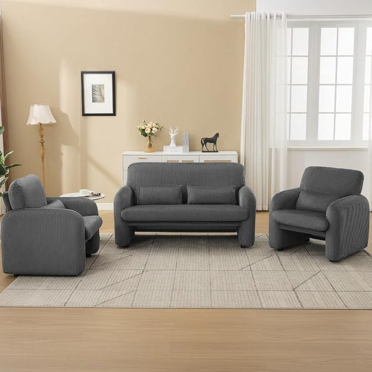 Corduroy Accent Living Room Sets, Modern Upholstered Love Seat with 2 Accent Chairs, Wide Comfy Leisure Chair Sets for Bedroom, Office, Grey