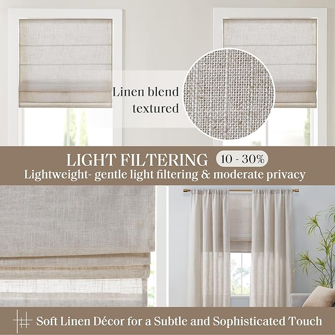 Madison Park Kyler Cordless Roman Shades - Single Panel, Lightweight Linen Blend Fabric, Natural Design, Easy Installation, Light Filtering Window Blind, Bedroom, Living Room Decor 31"W x 64"H Natural