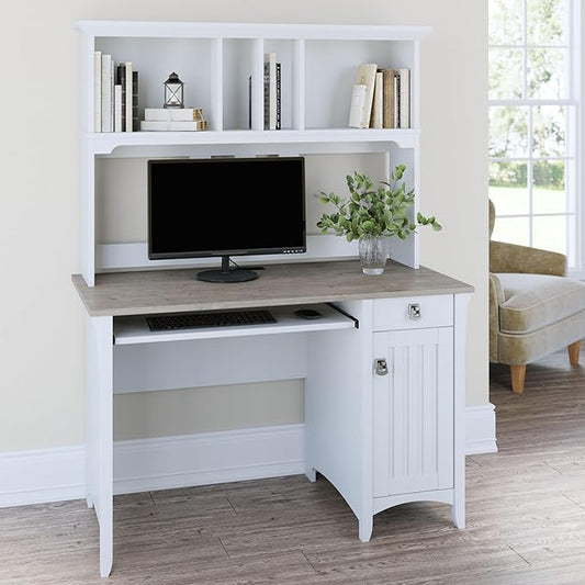 Bush Furniture Salinas Computer Desk with Hutch | Study Table with Drawers, Cabinets & Pullout Keyboard/Laptop Tray | Modern Home Office Desk in Pure White and Shiplap Gray | Work Desk with Storage