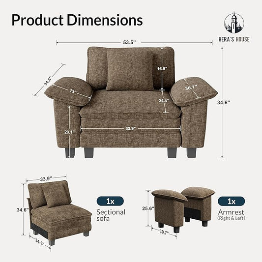 HERA'S HOUSE 54" Modular Sectional Sofa Couches for Living Room, Comfy Cloud Couch 1-Seater Deep Seat Sofa with Throw Pillow, Chenille Taupe