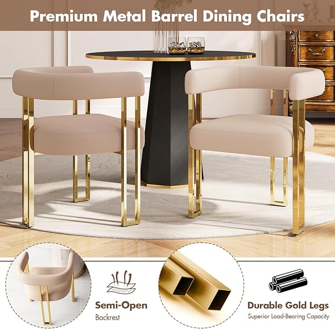 Velvet Dining Chairs Set of 4, Khaki Upholstered Barrel Armchairs with Gold Metal Legs for Kitchen Island, Mid Century Modern Accent Side Chairs for Dining Room and Living Room, Open-Back