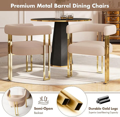 Velvet Dining Chairs Set of 6, Khaki Upholstered Barrel Armchairs with Gold Metal Legs for Kitchen Island, Mid Century Modern Accent Side Chairs for Dining Room and Living Room, Open-Back