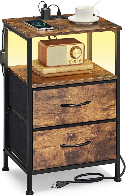 SONGMICS BELLAH Collection - Nightstand with Charging Station and App-Controlled Adjustable LED Lights, Bed Side Table, 2 Drawers and 1 Open Shelf, Bedroom, Rustic Brown and Ink Black ULGS302KD01S