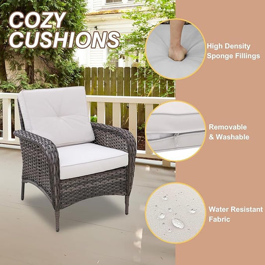 COOS BAY Vintage Courtyard Patio Furniture Set, Wicker Outdoor Furniture, Patio Conversation Sets, 2 Chairs, Loveseat and Coffee Table, 4 Pieces, Gray/Beige