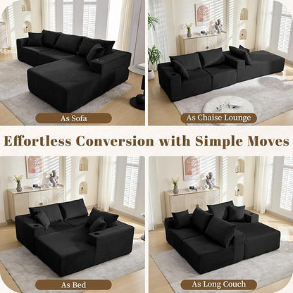 107" Cloud Sectional Couch, Modular Sectional Sofa with L-Shape Chaise, Corduroy Boneless Couch with Deep Seat, Upholstered Sofa for Living Room, No Assembly Required(Right-Facing Chaise, Black)