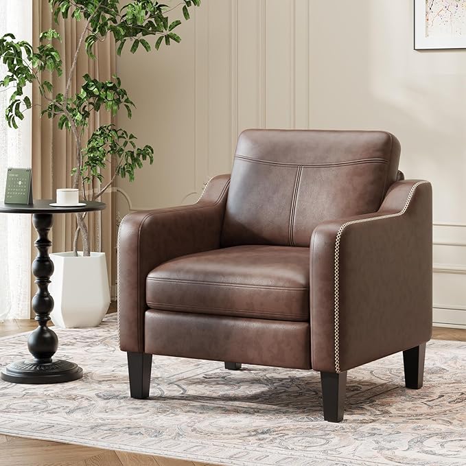 PU Leather Accent Chair, Mid-Century Modern Living Room Armchair Sofa with Removable Cushions, Solid Wood Frame & Stitched Armrest Design, Bedroom Chair with Plastic Legs, Chocolate Brown