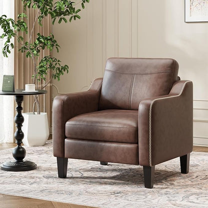 PU Leather Accent Chair, Mid-Century Modern Living Room Armchair Sofa with Removable Cushions, Solid Wood Frame & Stitched Armrest Design, Bedroom Chair with Plastic Legs, Chocolate Brown