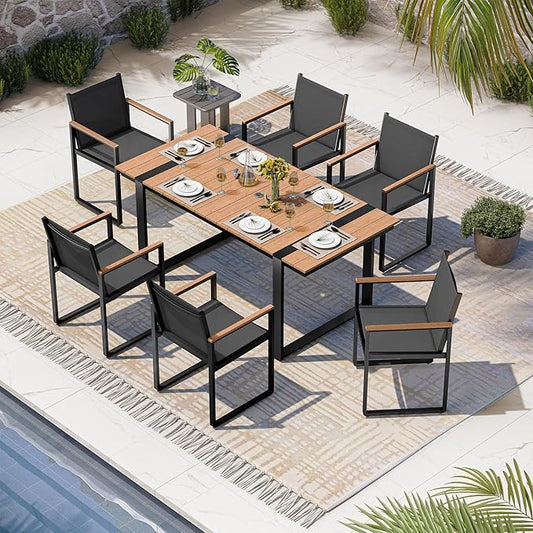 Outdoor Dining Set, Patio Table and Chairs Set, 7 Piece HDPS + Aluminum Patio Furniture Set with Umbrella Hole, Patio Dining Table Set (Gray-Teak)