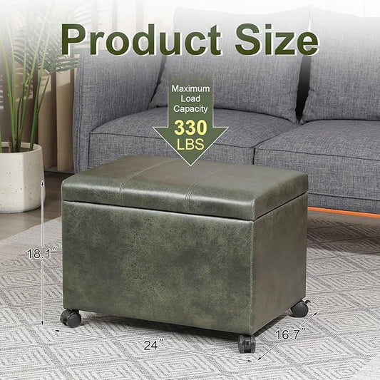 Asense Ottoman with Wheels,16.7x24x18.1 Inches Leather Rolling Ottoman with Storage,Safety Hinge,Upholstered Storage Bench for Living Room,Bedroom,Entryway,Green