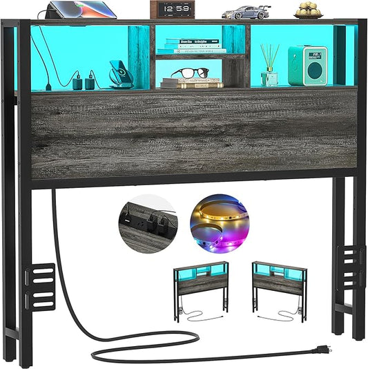 Aheaplus Headboard for Twin Size Bed with Storage, Headboards with Outlets, USB Ports and LED Light, Twin Size Head Board Only, Height Adjustable, Reversible, Sturdy and Stable Headboard, Black Oak
