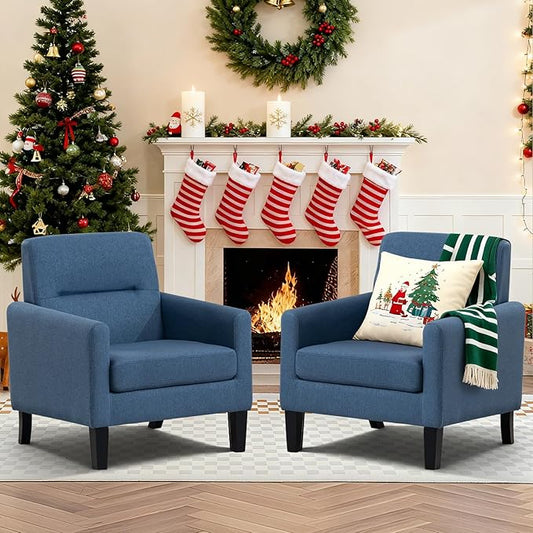 Accent Chairs Set of 2, Mid Century Modern Living Room Chairs Comfy Reading Chair with Upholstered Cushion Relax Armchair for Bedroom Apartment,Office, Blue