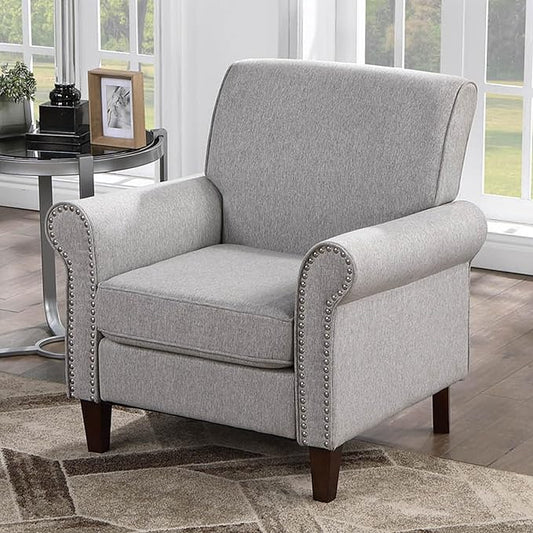 Prilinex Upholstered Living Room Chair Set of 3 - Large Comfy Fabric Accent Chair Single Sofa with Cushion, Rolled Armrest & Nailhead Trim, Mid Century Modern Armchair for Bedroom, Office, Grey