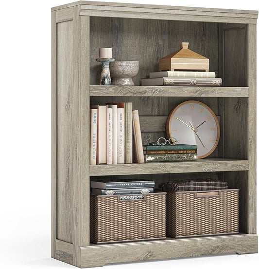 LINSY HOME 3-Tier Bookcase and Bookshelf, Small Wood Display Storage Shelves Farmhouse Bookshelf for Home Office, Living Room, Bed Room - Washed Grey