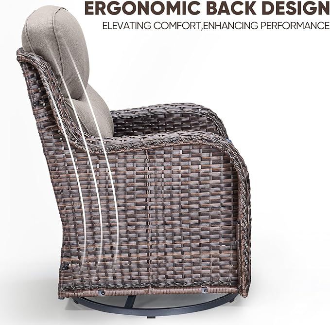 Swivel Patio Chairs Set of 2 with 6" Thick Cushion - Wicker Outdoor Swivel Rocker Patio Chairs, High Back Comfortable Outdoor Glider Chairs 360° Rotation Glider Brown Wicker-Grey Cushion
