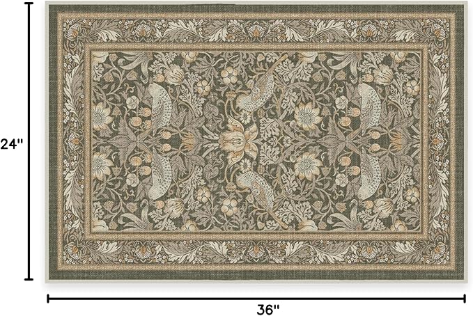 RUGGABLE x Morris & Co Machine Washable Area Rug – Strawberry Thief Stone Gold 2x3, Stain-Resistant, Non-Slip – Small Rugs for Living Room, Bedroom, Hallway, Entryway & Bathroom–with Standard Pad