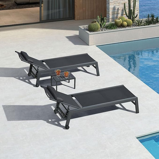 PURPLE LEAF Outdoor Lounge Chair Set of 3 Patio Chaise Pool Lounger Aluminum Frame with Side Table and Wheels for Outside Sunbathing Tanning Recliner Including Pillows Gray