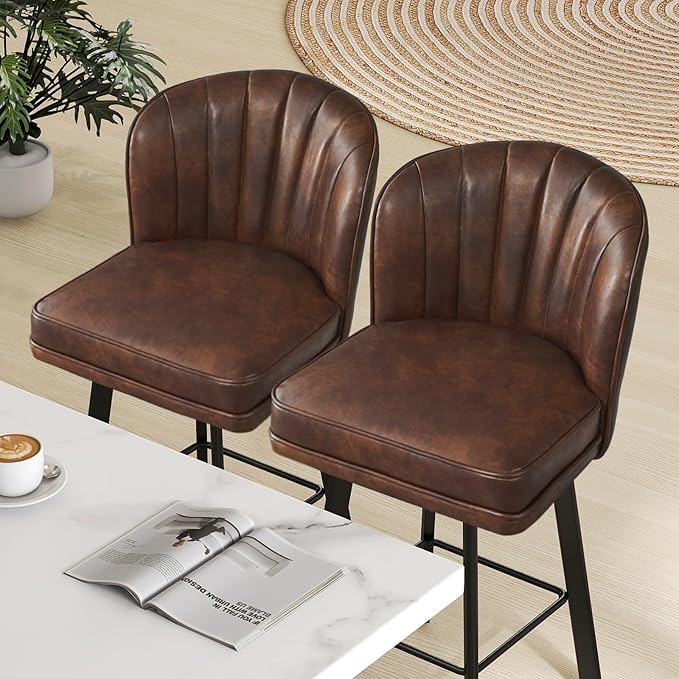 Swivel Counter Height Bar Stools Set of 3, 30'' Modern Barstools with Backs and Metal Legs, Upholstered Bar Chairs, Faux Leather Brown Stools for Kitchen Island Chairs