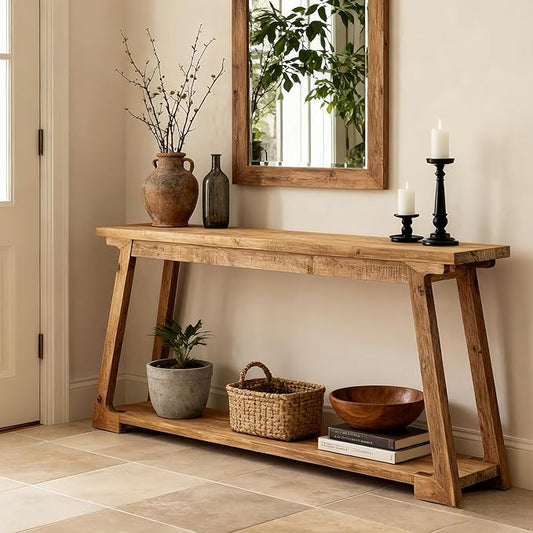 Tribesigns 63-Inch Long Console Table, 2-Tier Solid Wood Sofa Table with Storage, Narrow Behind Couch Accent Furniture for Living Room, Hallway, Entryway