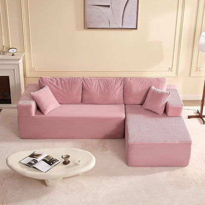107" Boneless Couch with Deep Seat, Modular Sectional Sofa, Cloud Sectional Couch for Living Room, No Assembly Required, Corduroy, L-Shape Right，Pink