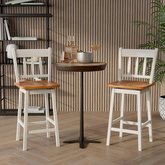 COSTWAY Bar Stools Set of 2, 24.5 Inch Rubber Wood Bar Chairs with 360°Swiveling, Footrest, Swivel Counter Height Barstools Ideal for Kitchen Island, Counter, Pub or Bar (2, White)