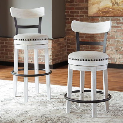 Signature Design by Ashley Valebeck | Modern Swivel 24.5" Counter Height Barstool – Rustic-Industrial Whitewash, Upholstered Cushion, 360° Swivel, Nailhead Trim