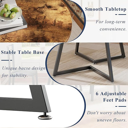 VECELO Round Dining Room Table with Wood Grain Tabletop and Steel Frame, for Kitchen, Living Room, Office, Conference, 2 to 4 Person, Antique Brown