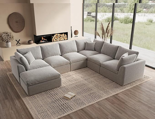 Oversized Cloud Couches for Living Room, Boneless Sectional Couch with Ottoman, 7 Seater Large Modular Sectional Sofa, Light Grey