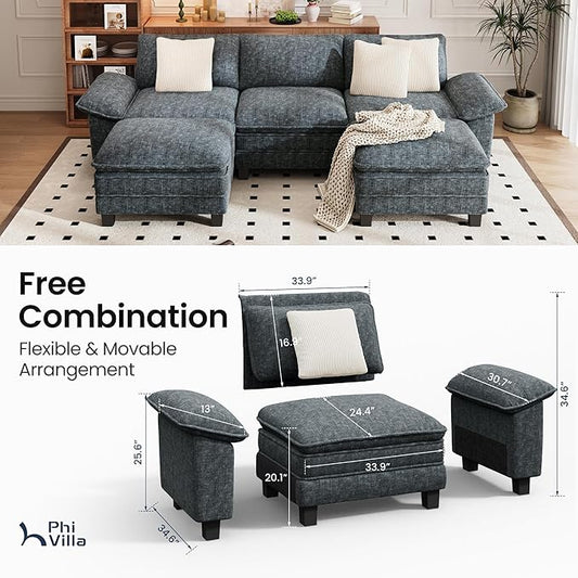 PHI VILLA Cloud Modular Couch Sets, 123.6" Sectional Sofa with U-Shaped Chaise, 5-Seater Couches with 2 Movable Ottomans for Living Room, Chenille Fabric, Dark Cyan