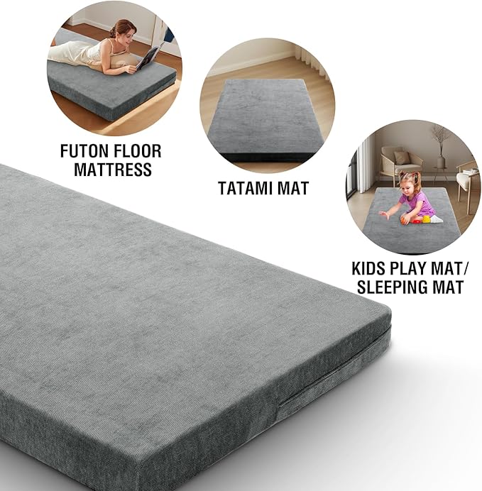 H.VERSAILTEX Queen Size Armless Futon Mattress Covers for Traditional Japanese Futon Mattress Soft Chenille Couch Slipcovers Floor Mats Sofa Protector Zippered Sleeper Sofa Cover,Grey