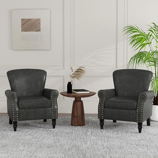 Accent Chair, Mid Century Modern Faux Leather Arm Chair with Wood Leg for Living Room, Bedroom, Comfy PU Leather Club Reading Chairs with Wingback & Nailhead Trim (Leather Black Grey, Set of 2)