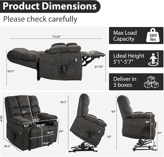 Oversized Zero Gravity Power Lift Recliner Chair for Elderly Adults Big Man Electric Lay Flat Recliner Triple Motor with Heat and Massage, Adjustable Seat Height, Arm Storage, Cup Holder