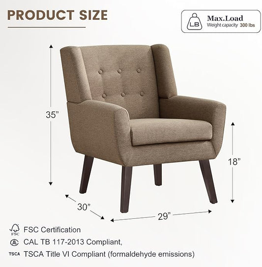 HUIMO Living Room Accent Chair Set of 2, Upholstered Button Tufted Armchair with Wooden Legs, Linen Fabric Sofa Chairs for Bedroom, Living Room, Mid-Century Modern Comfy Reading Chair (2 PCS, Brown)