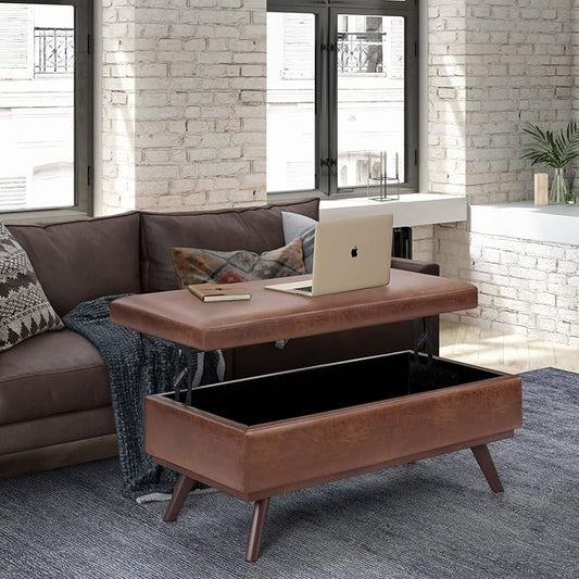 SIMPLIHOME Owen 42 inch Wide Mid Century Modern Rectangle Lift Top Large Coffee Table Storage Ottoman in Distressed Saddle Brown Vegan Faux Leather, Assembled, for the Living Room and Entryway