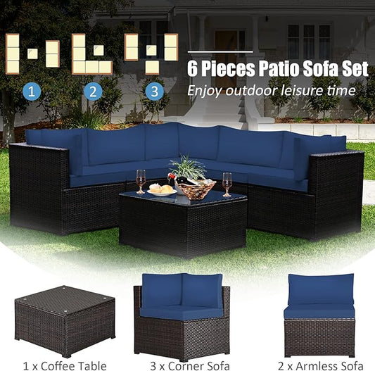 Tangkula 6 Pieces Patio Furniture Set, Outdoor Rattan Sofa Set, Wicker Conversation Set w/Tempered Glass Coffee Table & Cushions, Sectional Sofa Set for Backyard, Garden, Balcony, Poolside